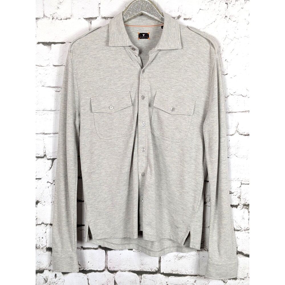 LEFT COAST TEE Men's Pique Cotton Button-Front Shirt Heather Gray Peru Medium